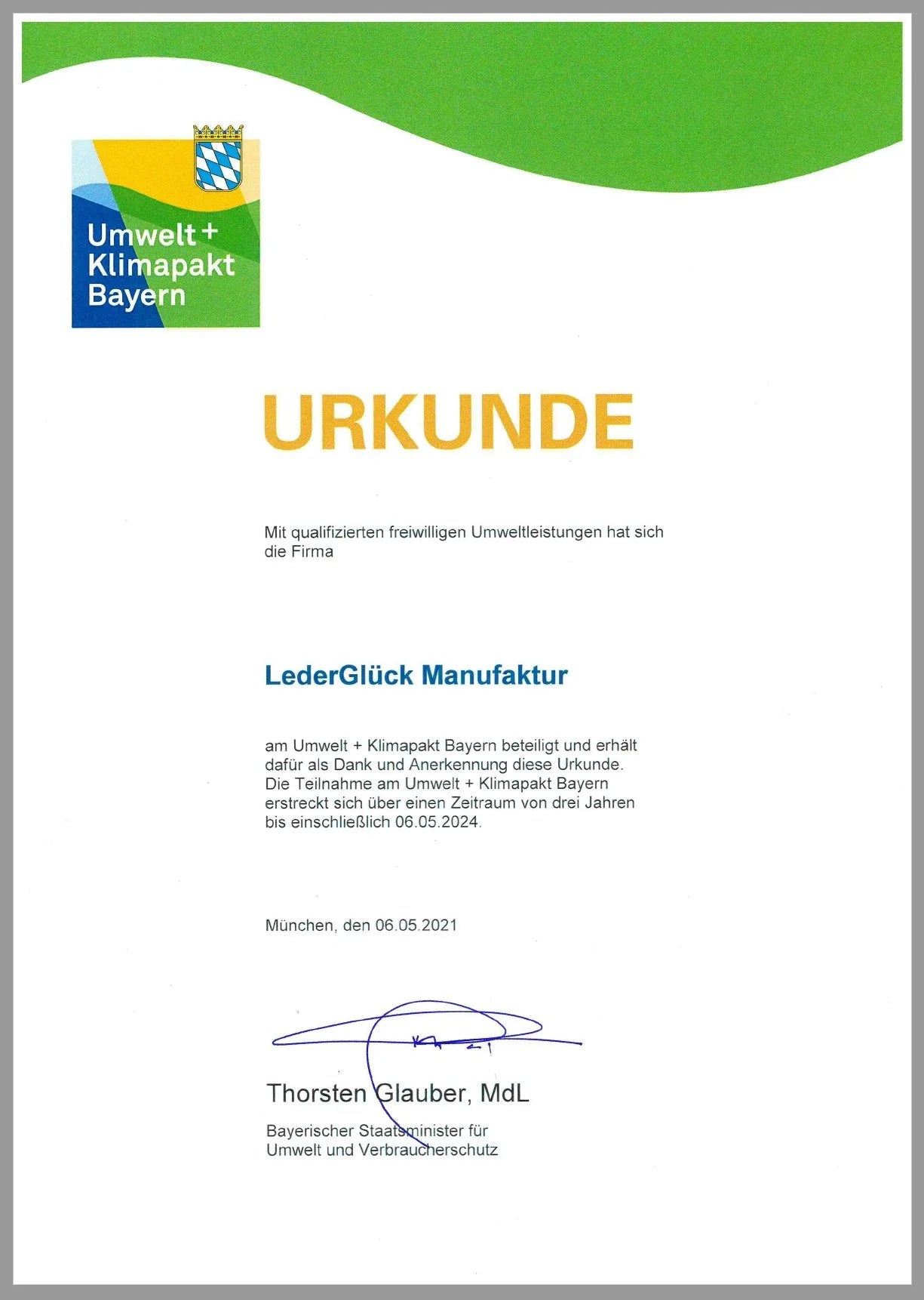 LederGlück Manufaktur ist Teilnehmer am Umwelt- und Klimapakt Bayern